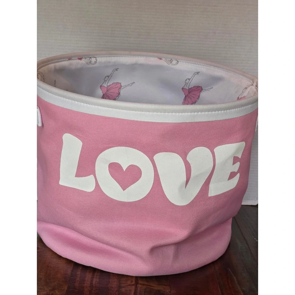 TM Designs Pink Love Ballerina Lined Canvas Storage Bin Basket Laundry Bag 12x15